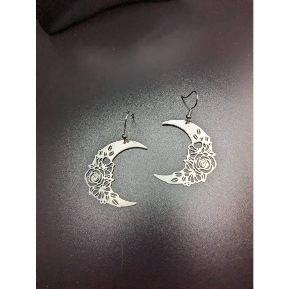 Floral Crescent Moon Earrings Celestial Stainless Steel Dangle